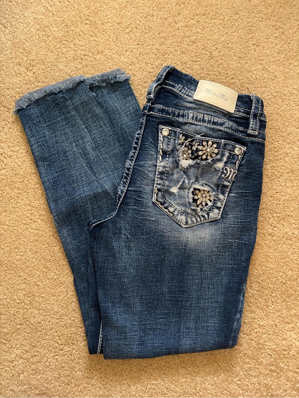 Miss Me Dark Blue Embroidered Ankle Jeans